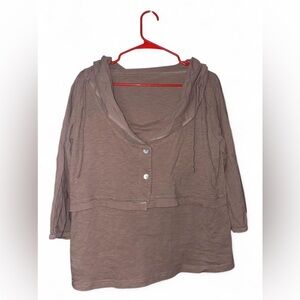 Brown Layered Lagenlook Slouchy Cowl Collar Drawstrings Rolled Hem Cotton Top XL